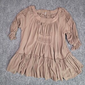 Free People Tunic Top Womens XS Brown Boho Tiered Ruffle Smocked Scoop Neck